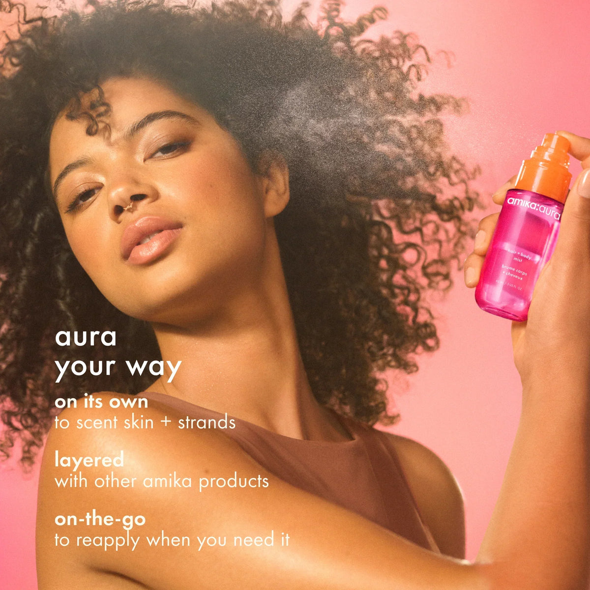 refresh, prep + mist set amika:aura hair + body mist, perk up plus dry shampoo, superfruit star styling oil